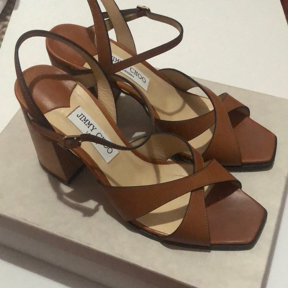 Jimmy Choo Brown Leather Block Heels - Picture 3 of 7